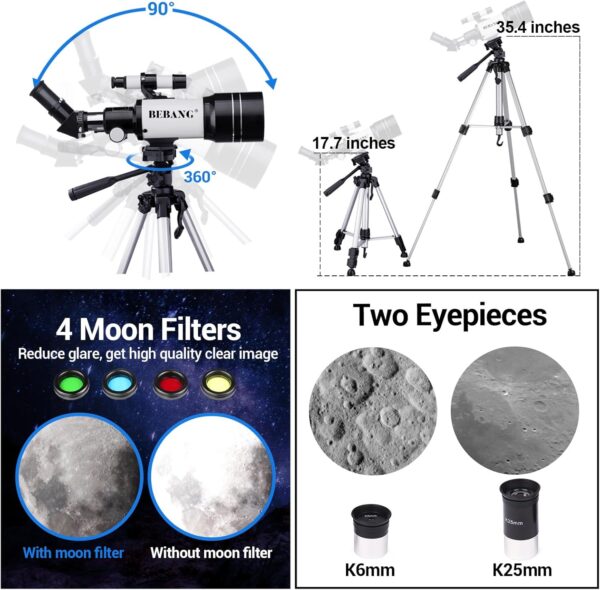 BEBANG Telescope, 70mm Professional Astronomy Refractor Telescope with Adjustable Tripod - Image 3